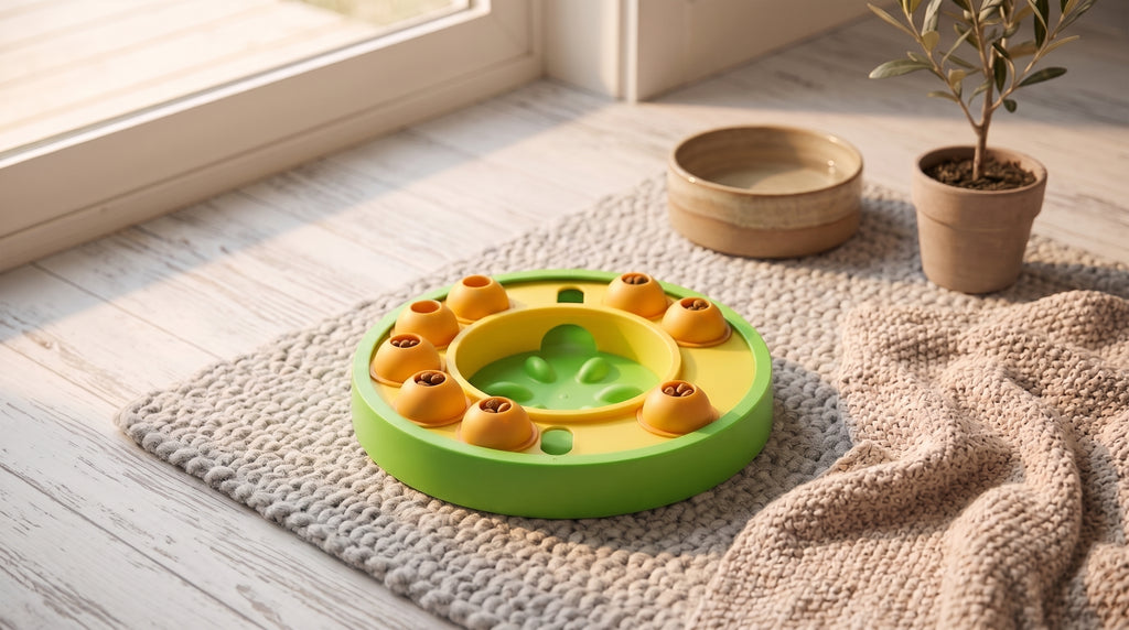 Green slow feeder puzzle bowl, lifestyle shot on a grey knit rug with a water dish and plant