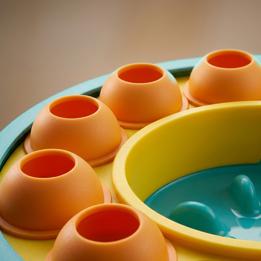 Close-up of the slow feeder puzzle bowl's sliding-lid maze mechanism
