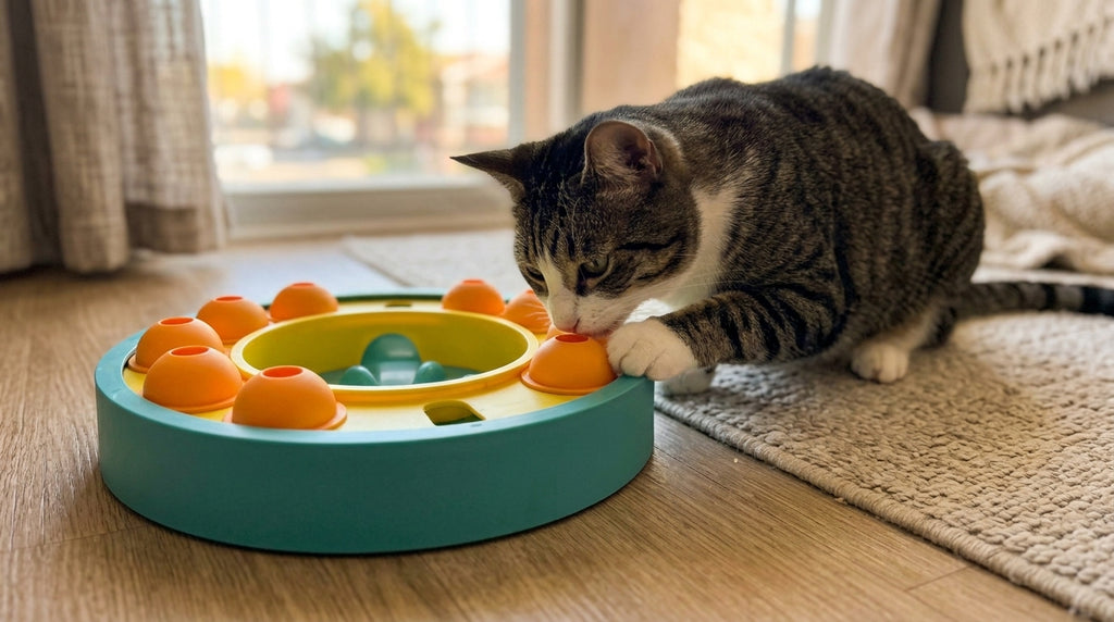 Cat using the slow feeder puzzle bowl, nose in one of the maze compartments