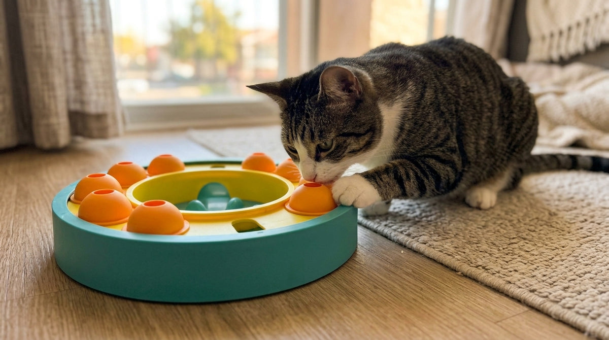 Cat using the slow feeder puzzle bowl, nose in one of the maze compartments