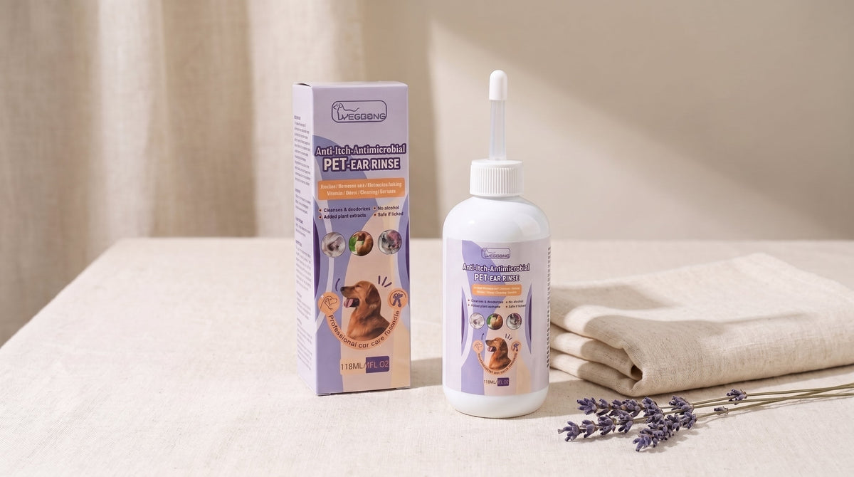 Pet Ear Rinse Cleaner flat lay with wellness props